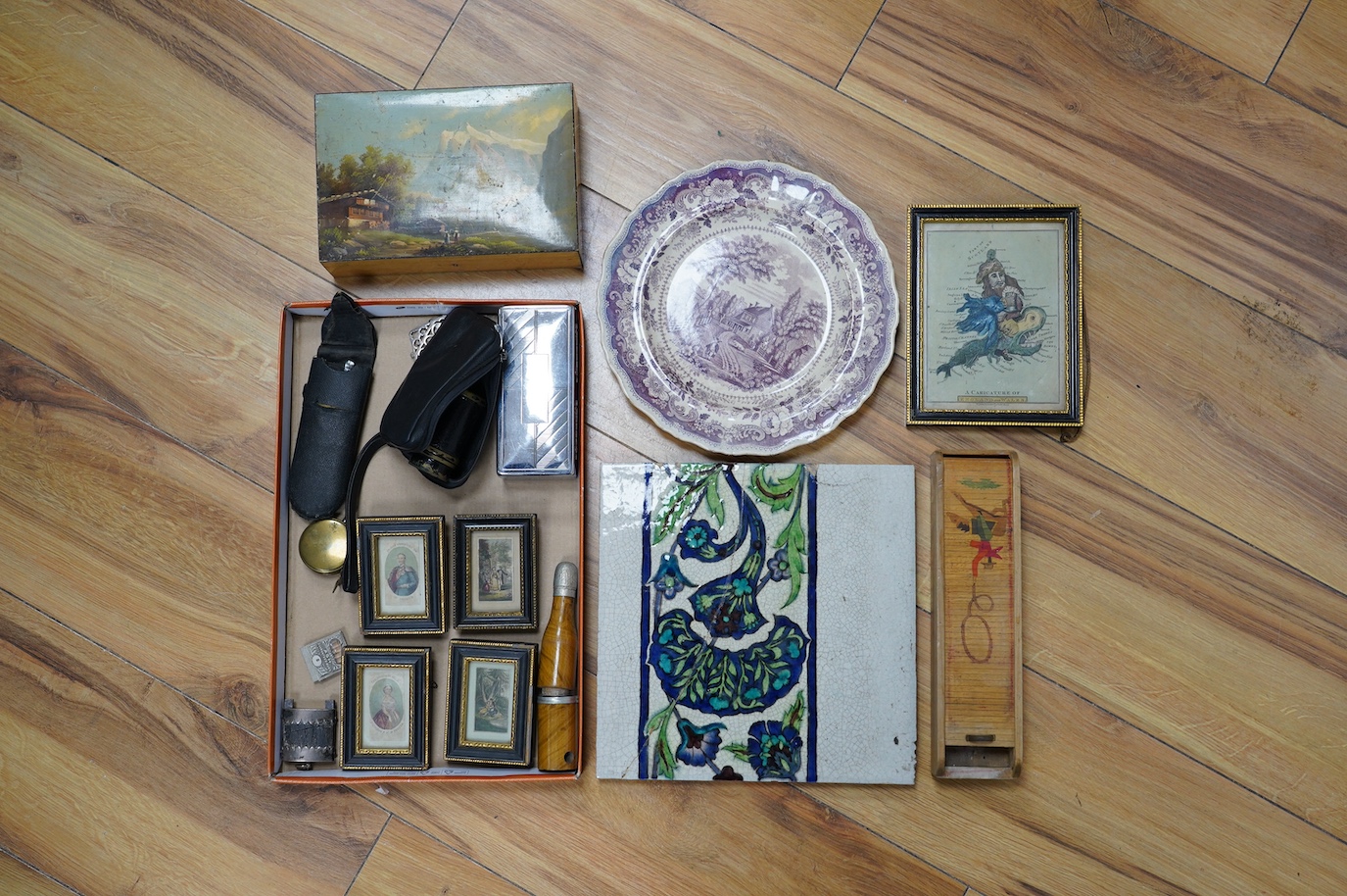 A monocular 19th, 20th century specials, tile and large Swiss Alps box and mixed collectables, box 19cm wide. Condition - poor to fair